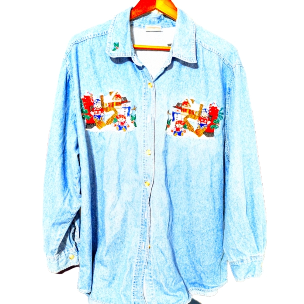 Bobbie Brooks Denim Button Up Christmas Decorated Women's Shirt